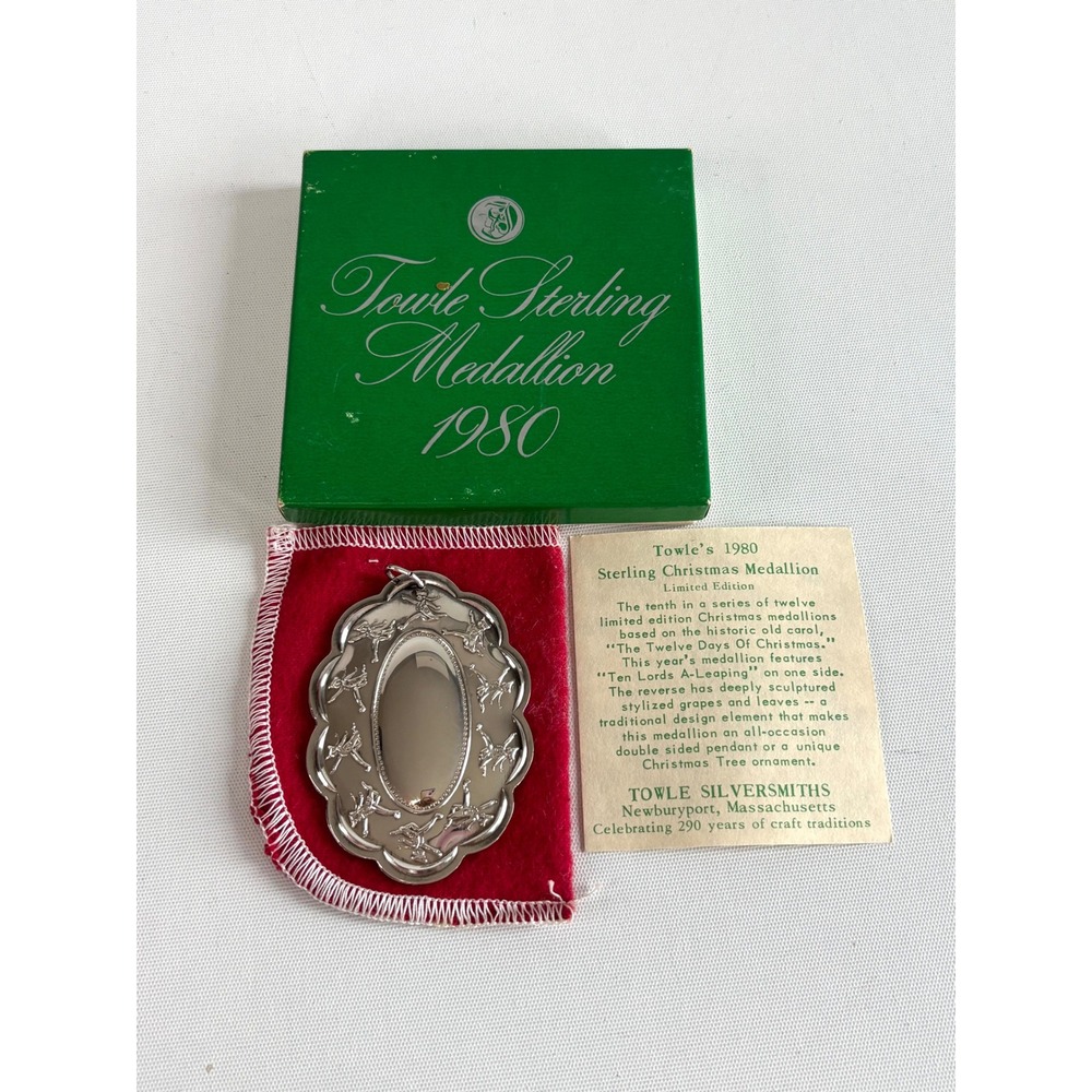 Towle Sterling Silver 1980 Christmas Medallion Ten Lords A Leaping Ornament Box